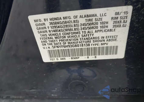 2016 Honda Pilot Touring из США, поврежденный, VIN 5FNYF6H93GB018138